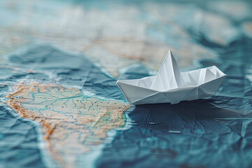 White Paper Ship Positioned on a Geographical Map
