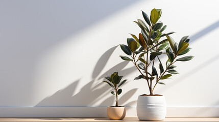A potted plant or flowers in a vase add a touch of nature to an indoor space Ficus in a pot on a white wall. 3d rendering