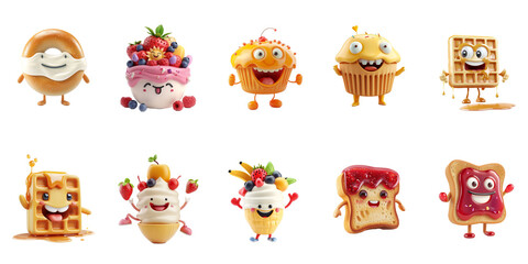 Collection of various cheerful cartoon dessert characters isolated on a transparent background, ideal for fun food-related designs or children's menus