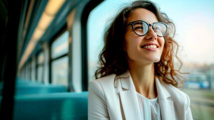 Happy young woman looking out the train window - obrazy, fototapety, plakaty