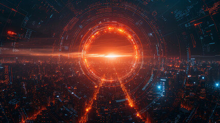 Obraz premium A cityscape at night illuminated by neon lights and holographic adver for various digital banking services. In the center a massive data center can be seen representing the