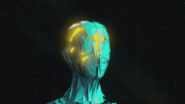 Transcendental intelligence alien being, omniscient entity, conscious machine 3D Artwork with a grid background. AI Singularity Concept Art Render in 4k.