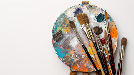 Colorful Artist’s Palette and Paint Brushes on White Background - A Visual Representation of the Creative Process and Artistic Expression - obrazy, fototapety, plakaty