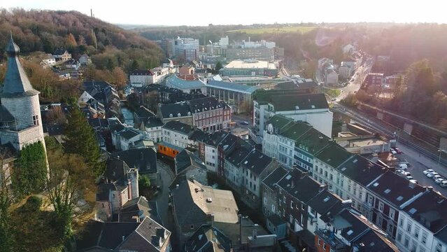 Aerial view above scenic traditional german town in Stolberg, Rhineland, cityscape.