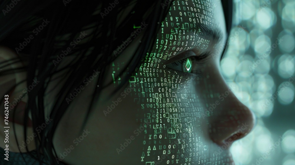 Aufkleber a woman's face partially illuminated by a digital code matrix, suggesting themes of technology and c