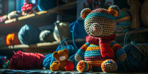  Exploring Handmade Crochet cute Little Bear on woolen shop and many  woolen tread boll in the wooden shelves in the background     - obrazy, fototapety, plakaty