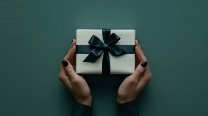 Hands presenting a luxurious white gift box tied with a sleek black ribbon, symbolizing a special present.
