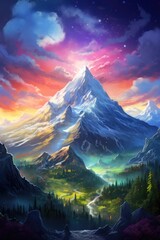 Mountains under mist during sunset. Scenic image of fairy-tale Landscape with Pink rhododendron flowers and colorful sky under sunlit, over the Majestic Rocky Peacks. Picture of wild area. - obrazy, fototapety, plakaty