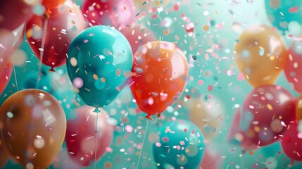 A festive array of colorful balloons surrounded by floating confetti, capturing a celebratory atmosphere.