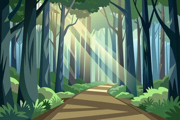 vector forest landscape with trees, pine forest and road