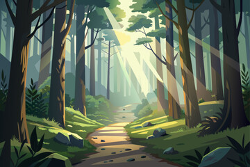 vector forest landscape with trees, pine forest and road