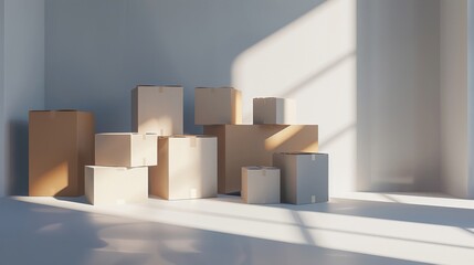 Stack of plain cardboard boxes bathed in natural sunlight in a clean, minimalist setting.