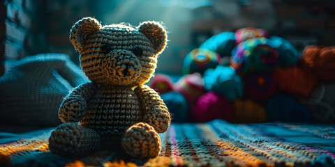 There is a  Crocheted teddy bear sitting in a dark room with many Crocheted items in the background   - obrazy, fototapety, plakaty