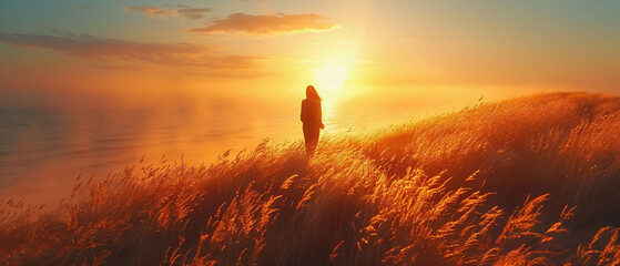 Sunset in the field. Silhouette of a person in the sunset. Middle-aged woman walking alone by the sea on a sunny day.