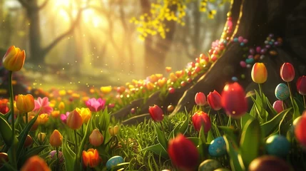 Zelfklevend Fotobehang a field of tulips with hidden easter eggs in enchanted environment © sundas