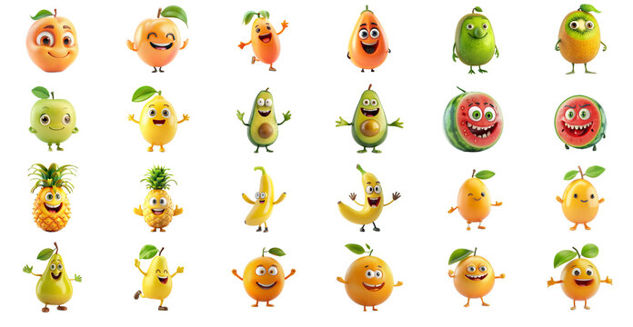Various cute cartoon fruit characters with expressive faces, isolated on a transparent background, ideal for educational materials or healthy eating concepts