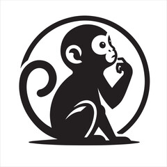  Silhouette and icon of curious monkey isolated on white back ground