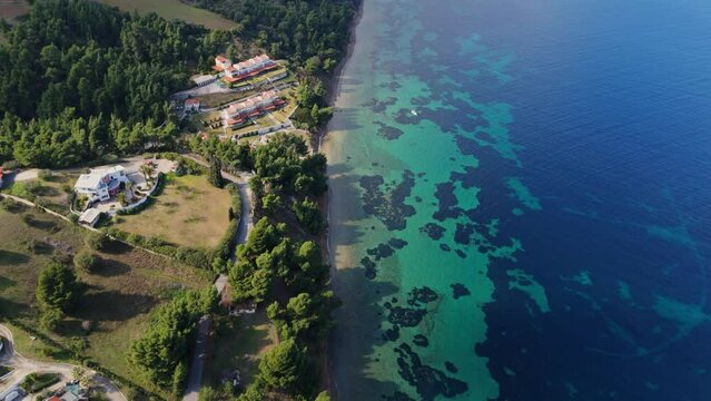 Aerial view of the amazing Paliouri Bay in Chalkidiki, Greece