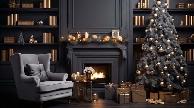 Modern Living Room With Fireplace Christmas Tree Gift Boxes And Armchair