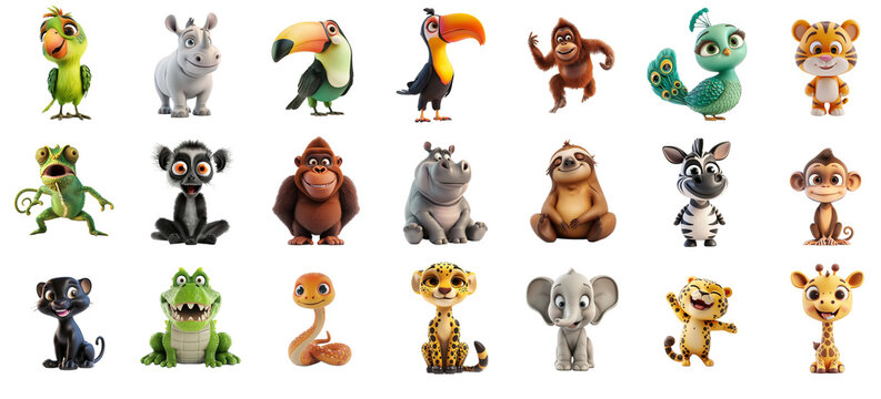 Assorted cartoon animal characters isolated on a transparent background, including a parrot, hippo, toucan, orangutan, and more, ideal for children's content and educational material