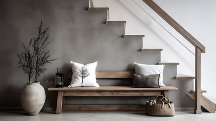 Wooden bench against grey wall and staircase Scandinavian rustic farmhouse interior design of modern entryway - obrazy, fototapety, plakaty