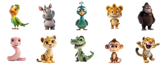 Collection of isolated cute cartoon wild animals including a parrot, rhinoceros, peacock, tiger, gorilla, worm, leopard cub, crocodile, monkey, and roaring leopard on a transparent background © Transparent AI