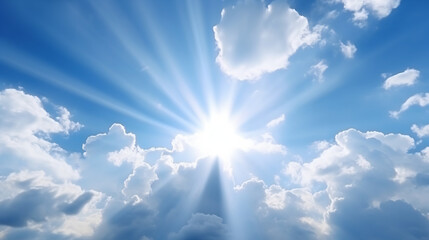 Radiant Sun Over Fluffy Cumulus Clouds. Optimism and Clarity Sky Concept