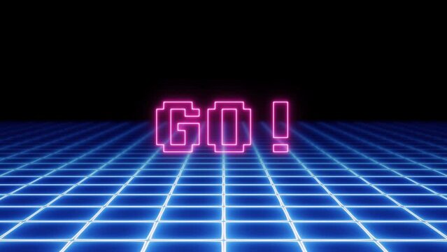 Flickering neon video game messages appearing over a 3D electric grid: player one, get ready, go! (Followed by player-two).