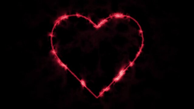 A powerful laser etching a burning outline of a heart shape out of dark space. Fiery fire flames dancing along the scorched trail.