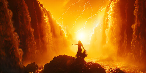  Person meditating on the cliff in sunrise, alone girl standing Surreal Portal stream of water a river or brook night vision