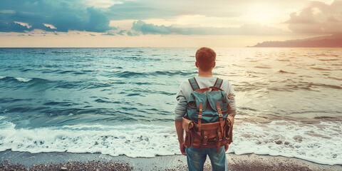 traveler with backpack sitting on a cliff and looking at the sea, active lifestyle concept, beautiful sea view, man traveling , young blond man stands on the seashore in front of a bright orange