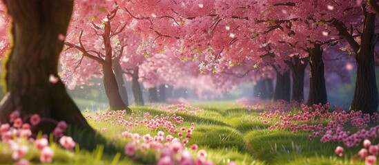 A vibrant and colorful scene of a lush green field filled with pink flowers and surrounded by trees.