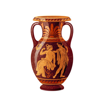 recommend clip art: Greek vase. Ancient pottery vector. 3d antique amphora with greek roman mythology. Old vase painting art with god and goddess myth. Vintage classic red figure ceramic jug urn with Adonis and Aphrodite