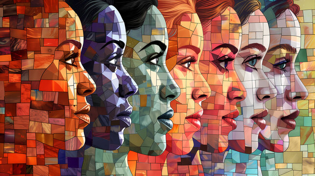 Illustration of diverse women's faces forming from a mosaic for Women's Day poster or presentation. Diversity of body color or nationality of 7 women, side view, close-up face.