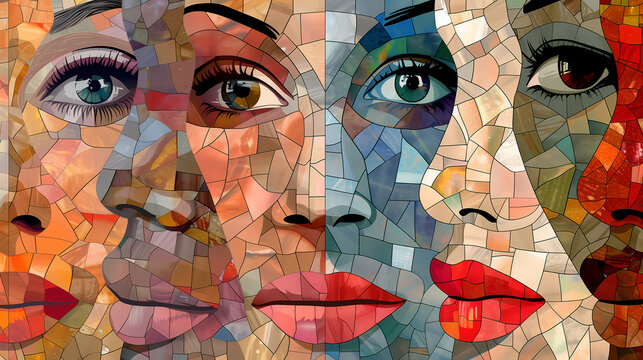 Illustration of diverse women's faces forming from a mosaic for Women's Day poster or presentation. Diversity of body color or nationality of 6 women, front and side views, close-up face.