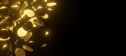Gold coins falling on black background 3D render - 746249607