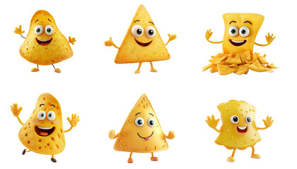 Collection of six animated cheese characters with various expressions, isolated on a transparent...