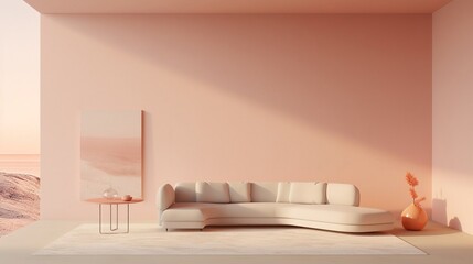Fototapeta na wymiar The modern interior of the living room is decorated in peach tones. The design of the bright and spacious room is made in a velvety delicate shade of peach tone.