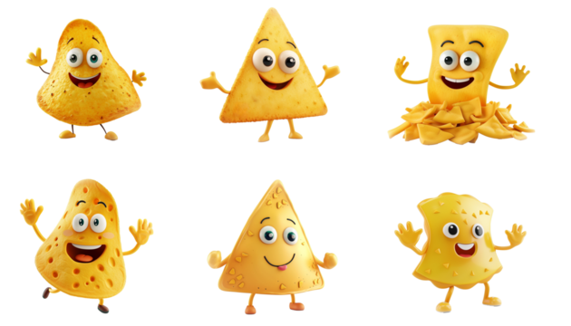 Collection of six animated cheese characters with various expressions, isolated on a transparent background, ideal for culinary themes or food-related promotions