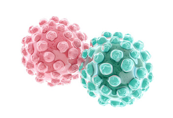 3D rendering of two spherical virus models, one pink and one green, depicted with detailed surface proteins, isolated on a transparent background, representing healthcare and medical research concepts