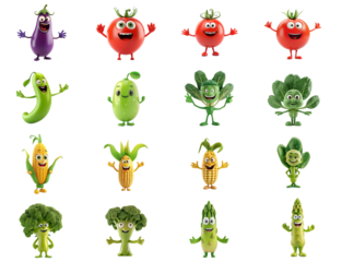 Collection of cheerful cartoon vegetables with expressive faces, isolated on a transparent background, ideal for educational and nutritional concepts