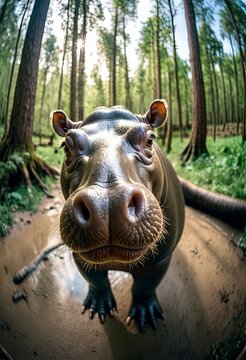Animal make selfie in forest. Close-up hippo in forest take selfie. interaction between wildlife and modern photography trends