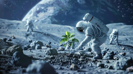 A lunar space station with astronauts planting tree on the lunar surface - obrazy, fototapety, plakaty
