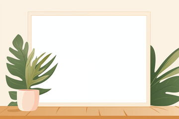 Fototapeta na wymiar Tropical plant in a pastel pot beside a blank picture frame on a wooden surface, offering a warm, homey vibe perfect for interior design themes.