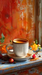 Fototapeta premium White ceramic cup hot aroma espresso, cappuccino, latte steam smoke on table morning breakfast drinking tasty drink cafeteria cafe restaurant caffeine beverage energy dinner, deep background