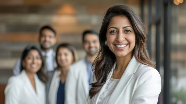 A half-Indian-American businesswoman with a business team