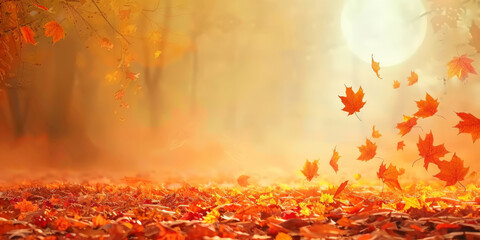 autumn leaves falling in the air in sunny day, summer background banner, summer leaves