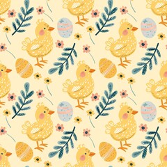 Obraz premium Bright yellow seamless pattern with chickadees and green twigs , cute pattern for creativity, print on fabric on paper, pattern for Easter 