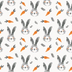 Cute seamless pattern with bunnies and carrots, Easter seamless pattern, cute pattern with gray bunnies and carrots  
