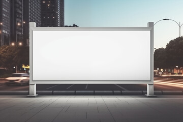 Fototapeta premium A large blank billboard awaits advertising against the backdrop of a bustling city street at dusk, capturing the essence of urban marketing and opportunity.
